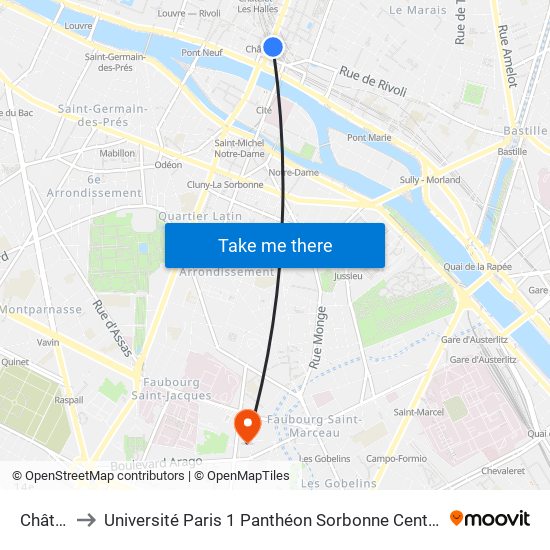 Châtelet to Université Paris 1 Panthéon Sorbonne Centre René-Cassin map