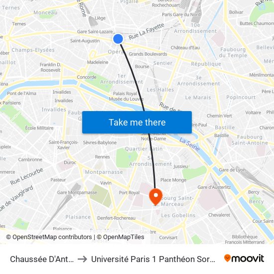 Chaussée D'Antin - la Fayette to Université Paris 1 Panthéon Sorbonne Centre René-Cassin map