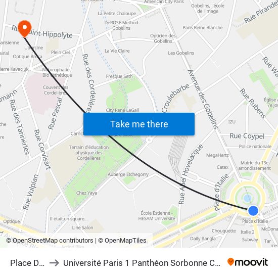 Place D'Italie to Université Paris 1 Panthéon Sorbonne Centre René-Cassin map
