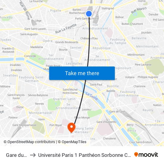 Gare du Nord to Université Paris 1 Panthéon Sorbonne Centre René-Cassin map