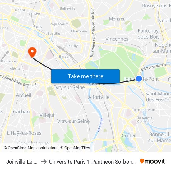 Joinville-Le-Pont RER to Université Paris 1 Panthéon Sorbonne Centre René-Cassin map
