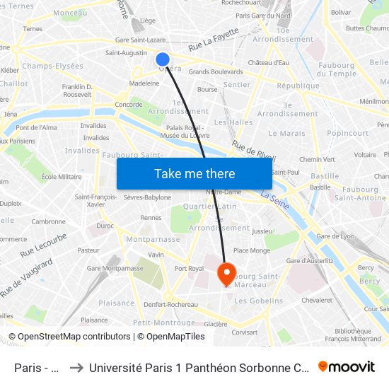 Paris - Opéra to Université Paris 1 Panthéon Sorbonne Centre René-Cassin map