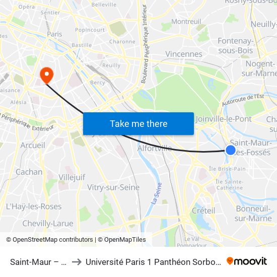 Saint-Maur – Créteil RER to Université Paris 1 Panthéon Sorbonne Centre René-Cassin map