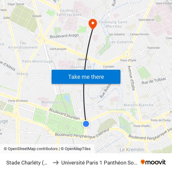 Stade Charléty (Porte de Gentilly) to Université Paris 1 Panthéon Sorbonne Centre René-Cassin map