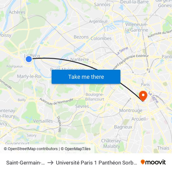 Saint-Germain-En-Laye RER to Université Paris 1 Panthéon Sorbonne Centre René-Cassin map