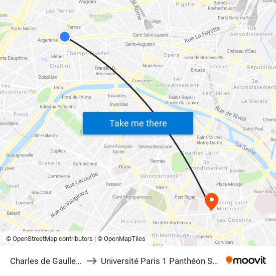 Charles de Gaulle - Étoile - Wagram to Université Paris 1 Panthéon Sorbonne Centre René-Cassin map