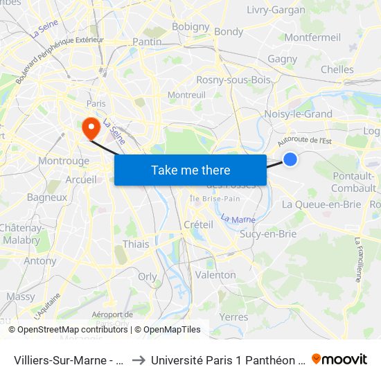 Villiers-Sur-Marne - Le Plessis-Trévise RER to Université Paris 1 Panthéon Sorbonne Centre René-Cassin map