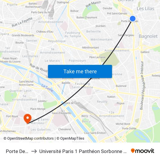 Porte Des Lilas to Université Paris 1 Panthéon Sorbonne Centre René-Cassin map