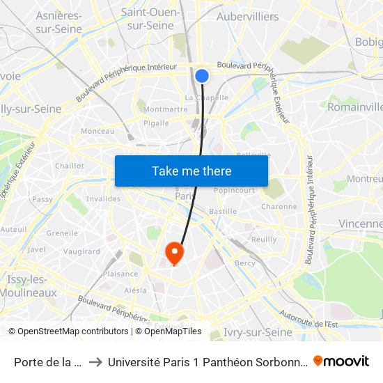 Porte de la Chapelle to Université Paris 1 Panthéon Sorbonne Centre René-Cassin map