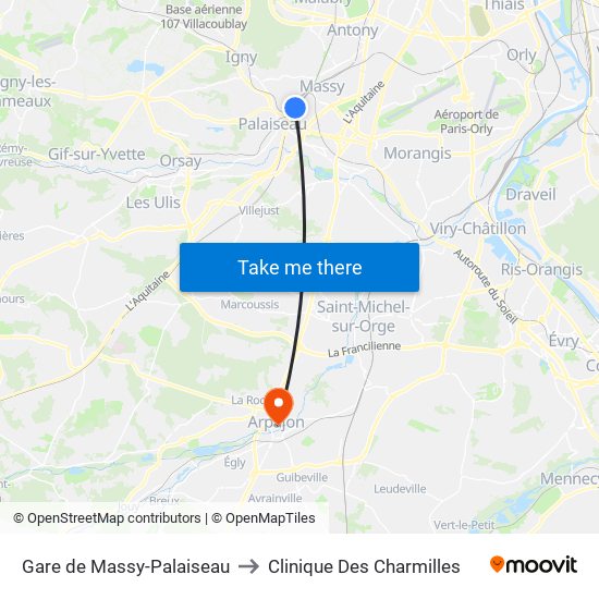 Gare de Massy-Palaiseau to Clinique Des Charmilles map
