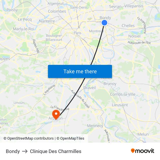 Bondy to Clinique Des Charmilles map