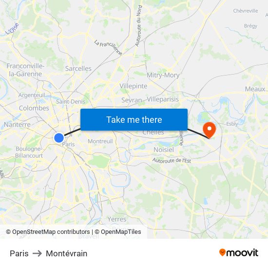Paris to Montévrain map