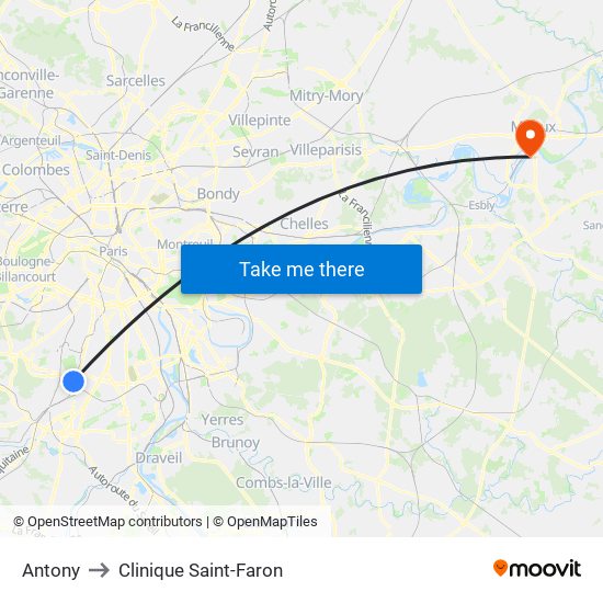 Antony to Clinique Saint-Faron map