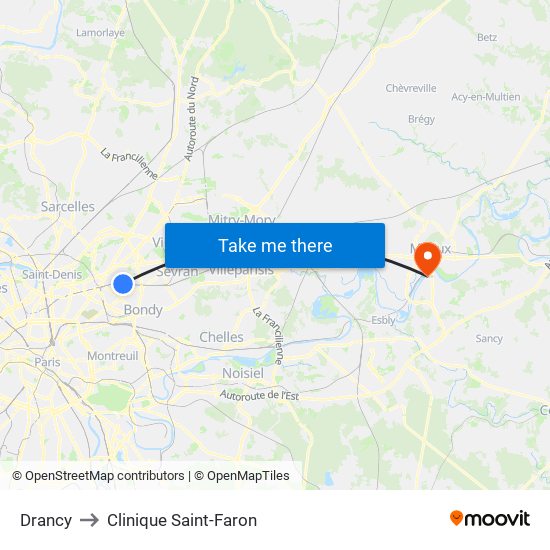 Drancy to Clinique Saint-Faron map
