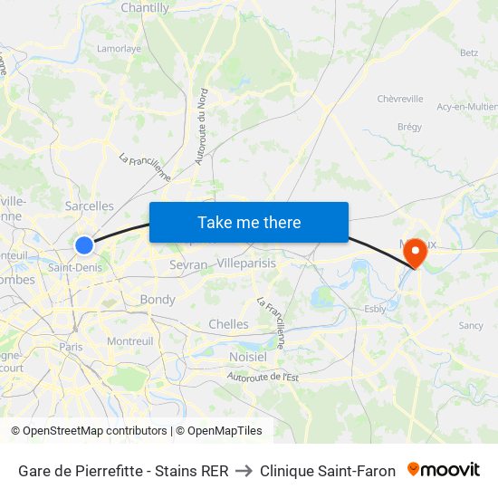 Gare de Pierrefitte - Stains RER to Clinique Saint-Faron map
