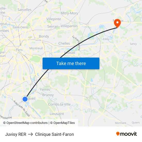 Juvisy RER to Clinique Saint-Faron map