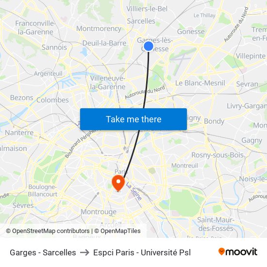 Garges - Sarcelles to Espci Paris - Université Psl map