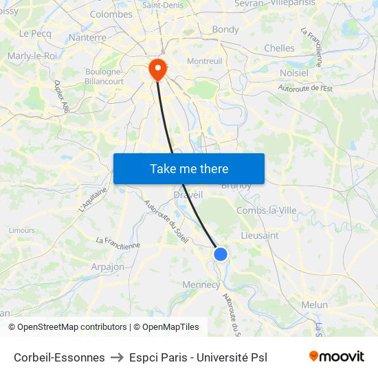 Corbeil-Essonnes to Espci Paris - Université Psl map