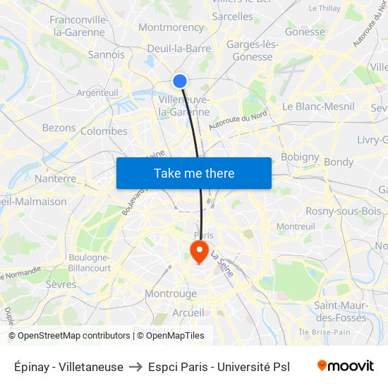 Épinay - Villetaneuse to Espci Paris - Université Psl map