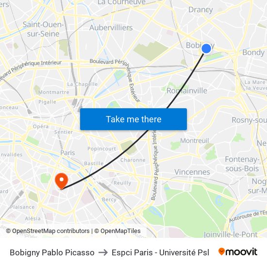 Bobigny Pablo Picasso to Espci Paris - Université Psl map