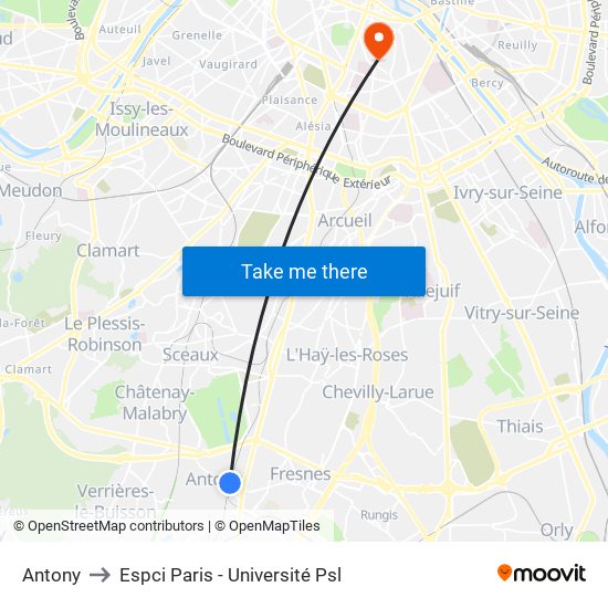 Antony to Espci Paris - Université Psl map