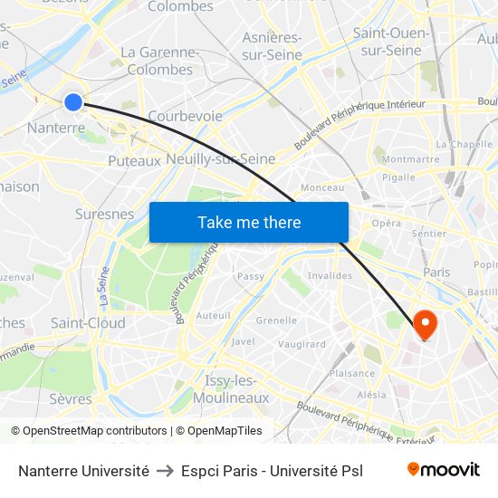 Nanterre Université to Espci Paris - Université Psl map