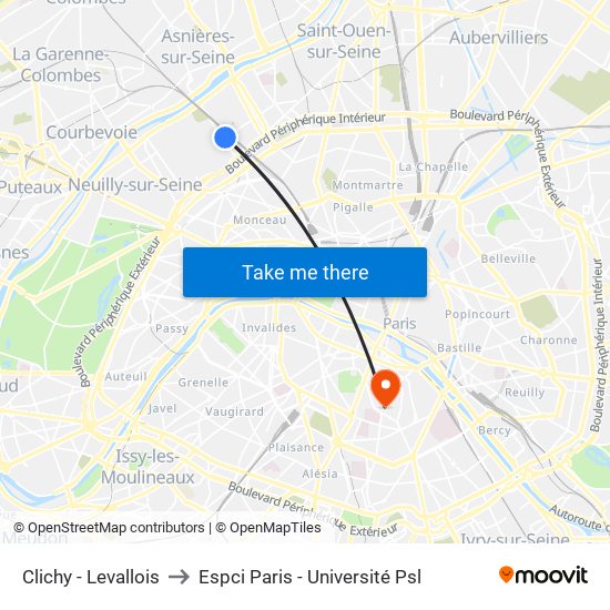 Clichy - Levallois to Espci Paris - Université Psl map