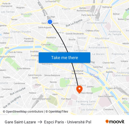 Gare Saint-Lazare to Espci Paris - Université Psl map