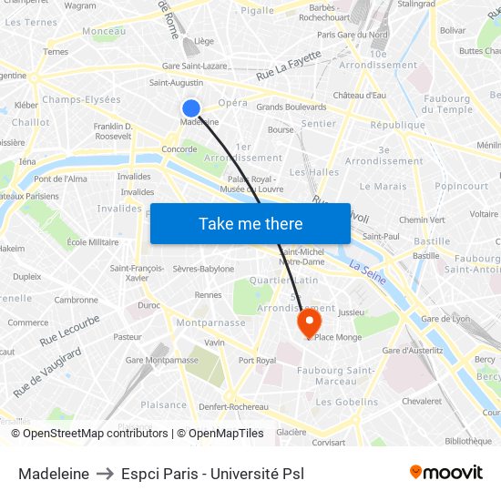 Madeleine to Espci Paris - Université Psl map
