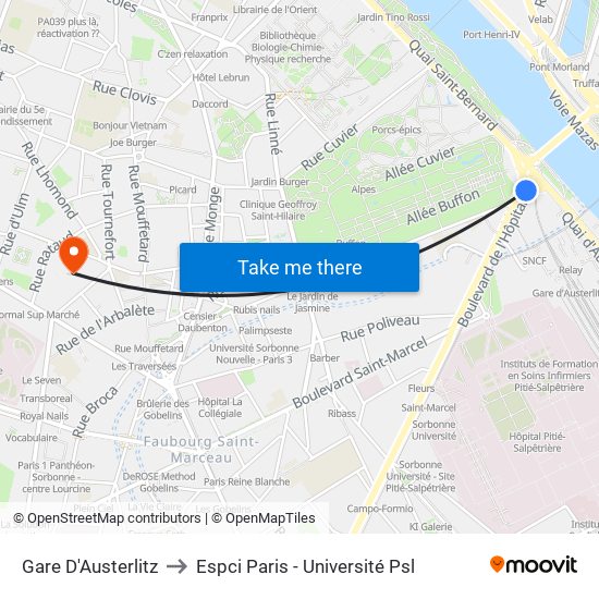 Gare D'Austerlitz to Espci Paris - Université Psl map