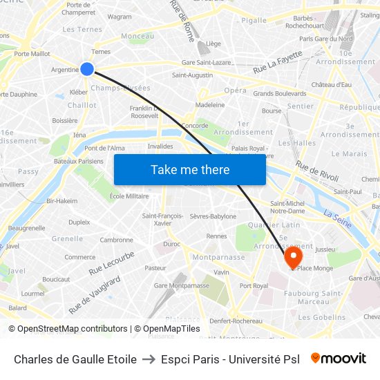 Charles de Gaulle Etoile to Espci Paris - Université Psl map
