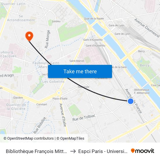 Bibliothèque François Mitterrand to Espci Paris - Université Psl map