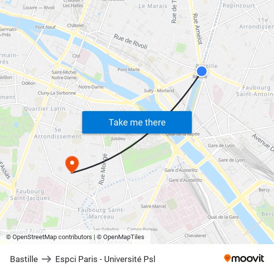 Bastille to Espci Paris - Université Psl map