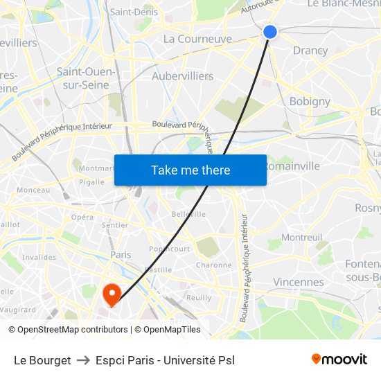 Le Bourget to Espci Paris - Université Psl map