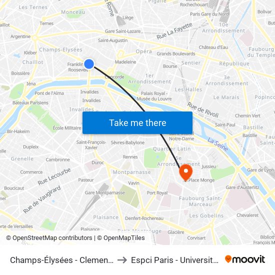 Champs-Élysées - Clemenceau to Espci Paris - Université Psl map