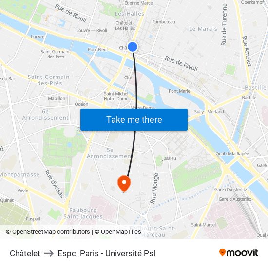 Châtelet to Espci Paris - Université Psl map