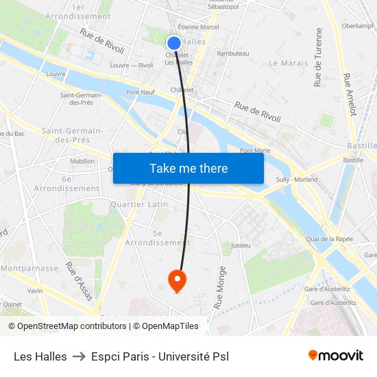 Les Halles to Espci Paris - Université Psl map