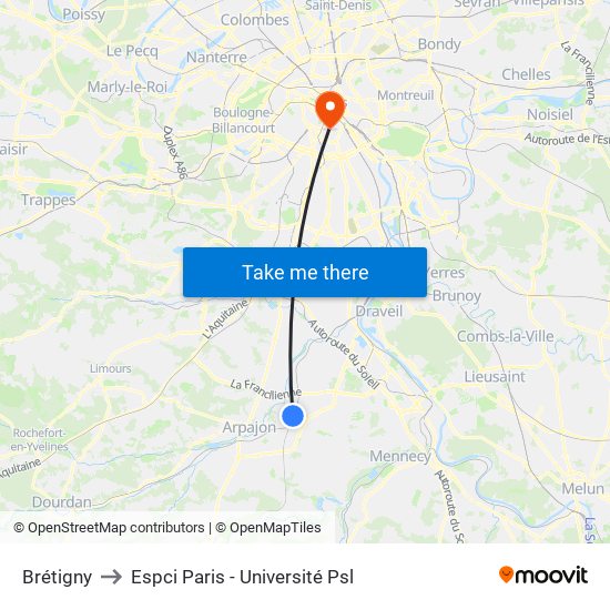 Brétigny to Espci Paris - Université Psl map