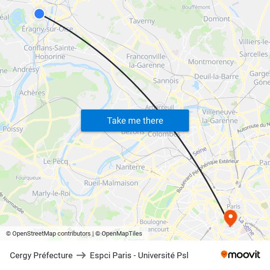 Cergy Préfecture to Espci Paris - Université Psl map