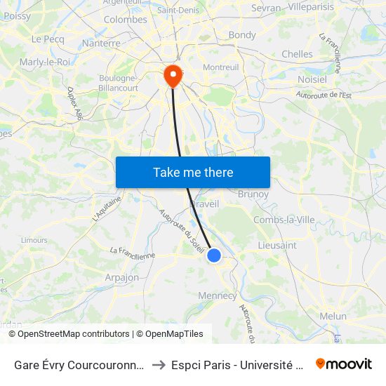 Gare Évry Courcouronnes to Espci Paris - Université Psl map