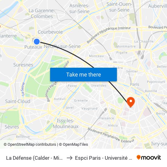 La Défense (Calder - Miro) to Espci Paris - Université Psl map