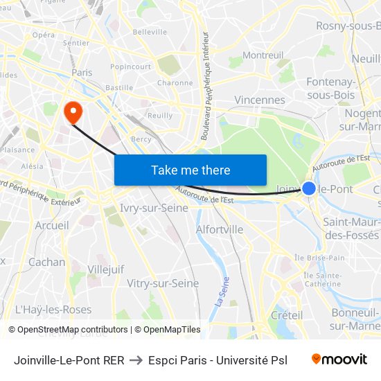 Joinville-Le-Pont RER to Espci Paris - Université Psl map