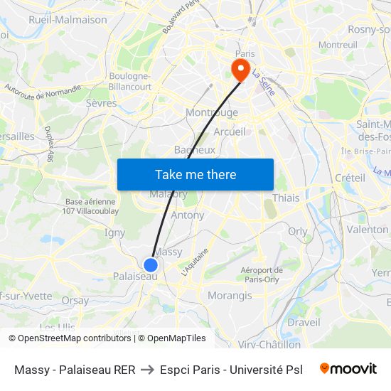 Massy - Palaiseau RER to Espci Paris - Université Psl map