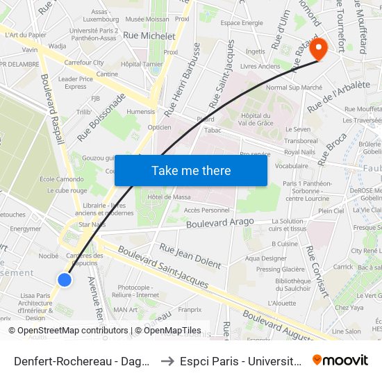 Denfert-Rochereau - Daguerre to Espci Paris - Université Psl map