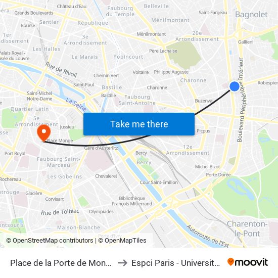 Place de la Porte de Montreuil to Espci Paris - Université Psl map