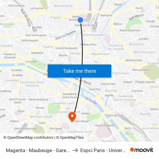 Magenta - Maubeuge - Gare du Nord to Espci Paris - Université Psl map