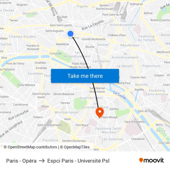 Paris - Opéra to Espci Paris - Université Psl map