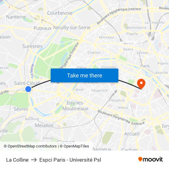 La Colline to Espci Paris - Université Psl map