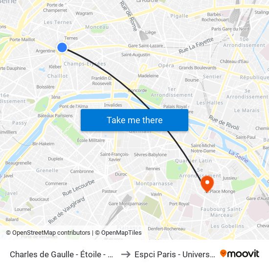 Charles de Gaulle - Étoile - Wagram to Espci Paris - Université Psl map
