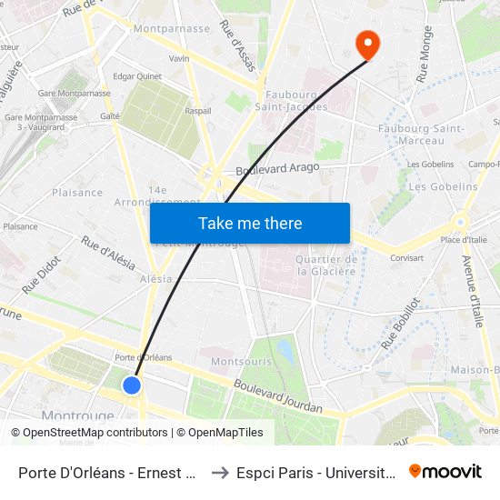 Porte D'Orléans - Ernest Reyer to Espci Paris - Université Psl map